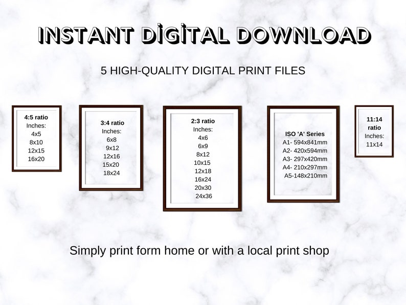 Op de afbeelding: Vijf afdrukbare digitale bestanden voor het maken van prints in verschillende beeldverhoudingen. De verhoudingen zijn 4:5, 3:4, 2:3 en 11:14. De afbeelding bevat ook standaard ISO-papierformaten in millimeters, zoals A1, A2, A3, A4 en A5.