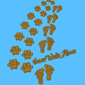 Puede incluir: Un fondo azul con un rastro de huellas de patas marrones y huellas que dice "Never Walk Alone".