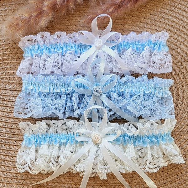 Braut Strumpfband Blau Weiß Creme Modell 2