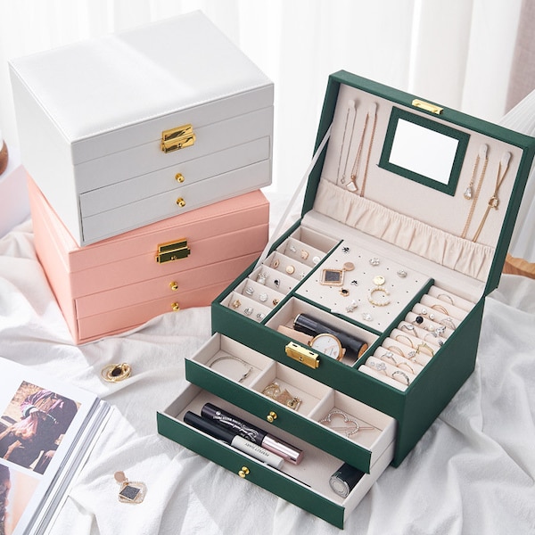 Jewellery Box-Jewelry Organizer- Jewelry Box-Ring Box-Travel Jewellery Case-Girls - Bridesmaid Gift-Three Layers-Locks Design-Large Capacity