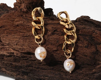 Dangle Earrings- Pearl Earrings-Pearl- Gold Foil- Long Chain Earring- S925 Silver Ear Pins-Fashion-Chic-Jewelry- Earring for Women-Accessory
