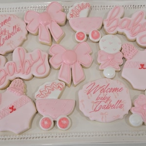 Girl Baby Shower Sugar Cookies – Pink Royal Icing Decorated Cookies–Custom Baby Shower Favors for Girls –New Baby Party Treats-Free Shipping