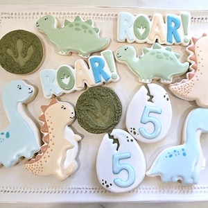 Dinosaur Sugar Cookies – Dino Birthday Party Favors – Custom Royal Icing Cookies – Baby Shower Dino Theme – Hand Decorated Cookies
