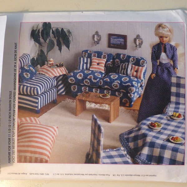 McCall's Sewing Pattern #8140, Uncut FF, Fashion Doll Furniture: Bedroom, Living Room, and Dining Room for 11.5" to 12.5" Dolls,Vintage 1995