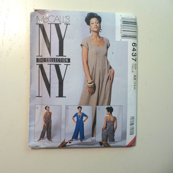 McCall's Sewing Pattern #6437, Uncut FF, Vintage 1993, Comfy Wide Leg Jumpsuit with Neck & Sleeve Options, NY NY The Collection, Size 4 to 8