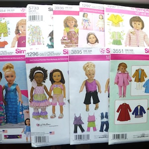 May include: A collection of nine Simplicity sewing patterns for 18-inch doll clothing, featuring various outfits including dresses, jackets, pants, and tops. Each paper envelope displays illustrations of dolls wearing the garments, along with pattern numbers.