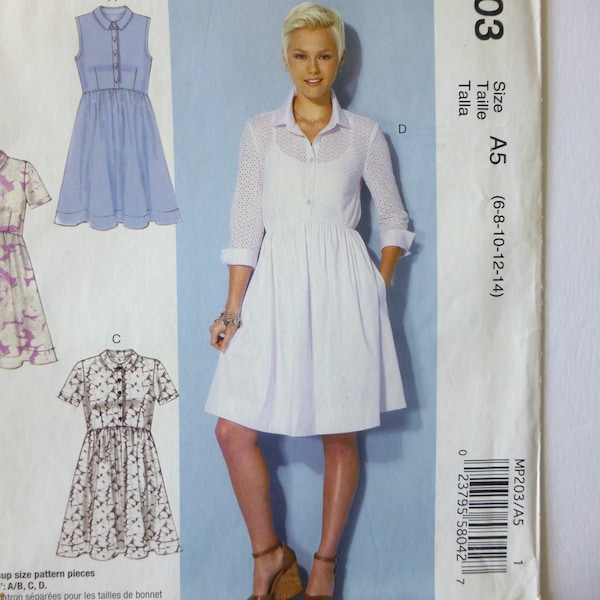 McCall's Sewing Pattern #MP203, Uncut FF,  Pullover Button Bodice Dress w Pockets,Sleeve Options,Separate Cup Size Pattern Pieces,  Sz 6-14