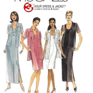May include: McCall's pattern featuring four dress and jacket designs. The illustrations showcase various styles, including a light blue dress with a matching jacket, a pink dress with a short-sleeved jacket, a white dress with a lace jacket, and a black dress with a jacket.