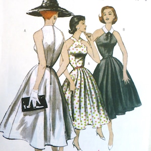 May include: A vintage sewing pattern featuring three retro dresses. The dresses are in different styles, including a halter neck and a dress with a white collar. The pattern is labeled "B5033 Butterick" and includes the text "Retro '52".