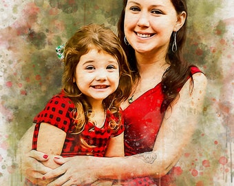 Pode incluir: Uma pintura em aquarela de uma mãe e uma filha vestindo vestidos vermelhos. A mãe está segurando a filha no colo. O fundo é um suave lavado de aquarela verde e branco.