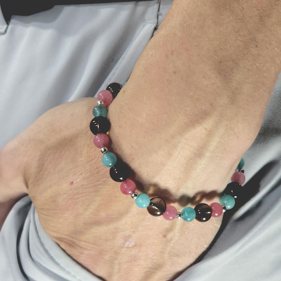 Amazonite, Rhodochrosite & Smoky Quartz Stretch Bracelet with Sterling Silver | Handmade to Order