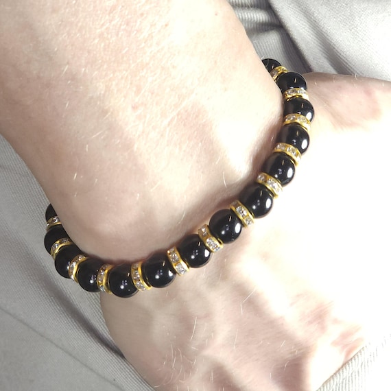 Black Tourmaline Stretch Bracelet with Rhinestones | 8mm Genuine Natural Gemstone
