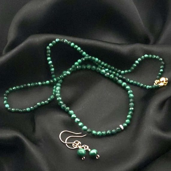 Malachite Jewelry Set | Handmade to Order | Stretch Bracelet | Necklace | Earrings | Gold Filled | Genuine Natrual Gemstone