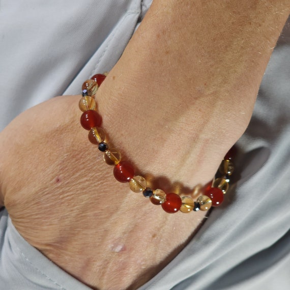 Carnelian & Citrine Stretch Bracelet with Terahertz | 4-8mm Genuine Natural Gemstone | Handmade to Order
