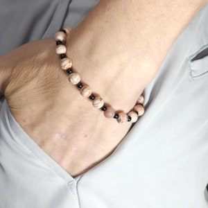 Argentinean Rhodochrosite Stretch Bracelet with Black Steel | 8mm Genuine Natural Gemstone | Handmade to Order