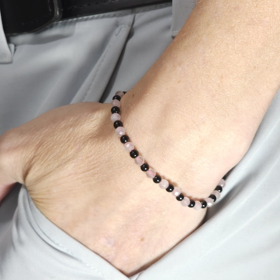 Rose Quartz Beaded Minimalist Stretch Bracelet with Black Steel | 4mm Faceted Genuine Natural Gemstone | Handmade to Order