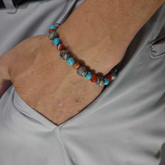 Map Jasper Stretch Bracelet with Turquoise & Carnelian | 8mm/6mm Genuine Natural Gemstone | Handmade to Order