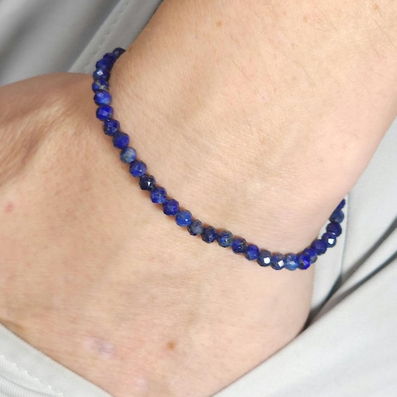 Lapis Lazuli Beaded Minimalist Stretch Bracelet | 4mm Faceted Genuine Natural AAA Gemstone | Handmade to Order