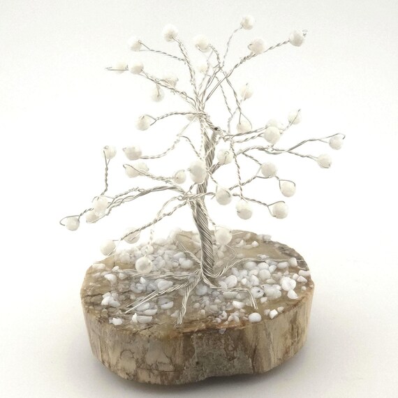 Pearl Shell Mini Holiday Wire and Gemstone Tree | Handmade "Snow Covered" Seasonal Decor | For Use In Home Or Office | Made in Argentium