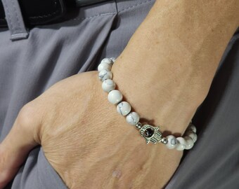 Bransoletka z howlitem i złym okiem | 8 mm, prawdziwy naturalny kamień szlachetny | Wykonana ręcznie na zamówienie