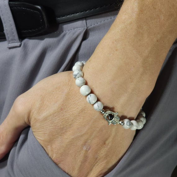 Howlite Evil Eye Stretch Bracelet | 8 mm Genuine Natural Gemstone | Handmade to Order
