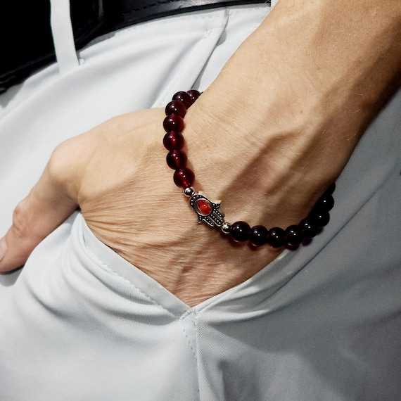 Garnet Chalcedony Evil Eye Stretch Bracelet | Genuine Natural Gemstone | Handmade to Order