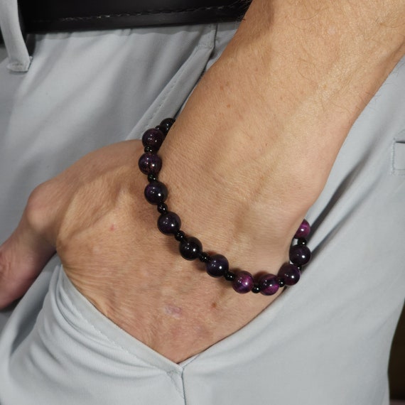 Galaxy Tiger's Eye Stretch Bracelet with Black Stainless Steel | 8mm Genuine Natural Gemstone | Handmade to Order