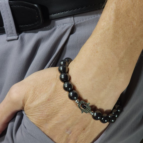 Hematite Evil Eye Stretch Bracelet | Non-Magnetic | 10 mm Genuine Natural Gemstone | Handmade to Order
