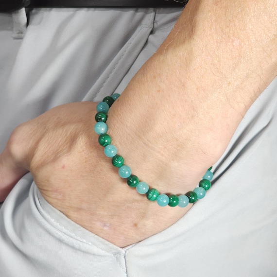 Malachite & Amazonite Beaded Semi-Minimalist Stretch Bracelet | 6mm Genuine Natural Gemstone