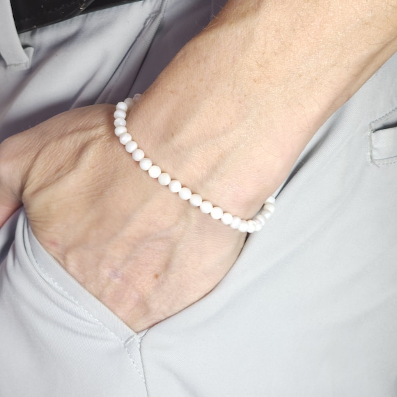 White Pearl Shell Beaded Minimalist Stretch Bracelet | 4mm Faceted Genuine Natural Gemstone | Handmade to Order