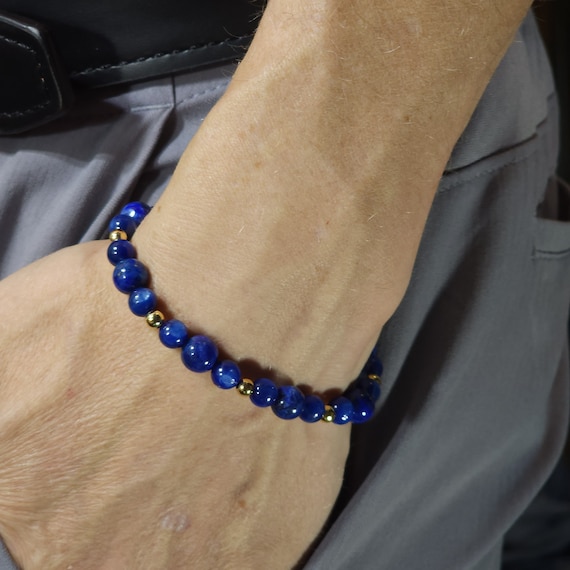 Blue Kyanite & Lapis Lazuli Stretch Bracelet with 24k Gold | 8mm/6mm Genuine Natural Gemstone | Handmade to Order