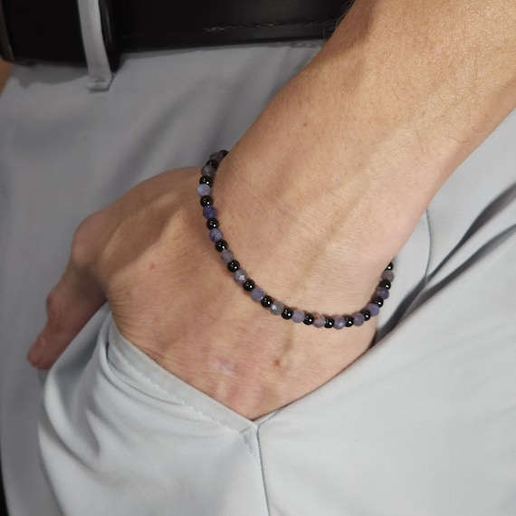 Iolite Beaded Minimalist Stretch Bracelet with Black Steel | 4mm Faceted Genuine Natural Gemstone | Handmade to Order
