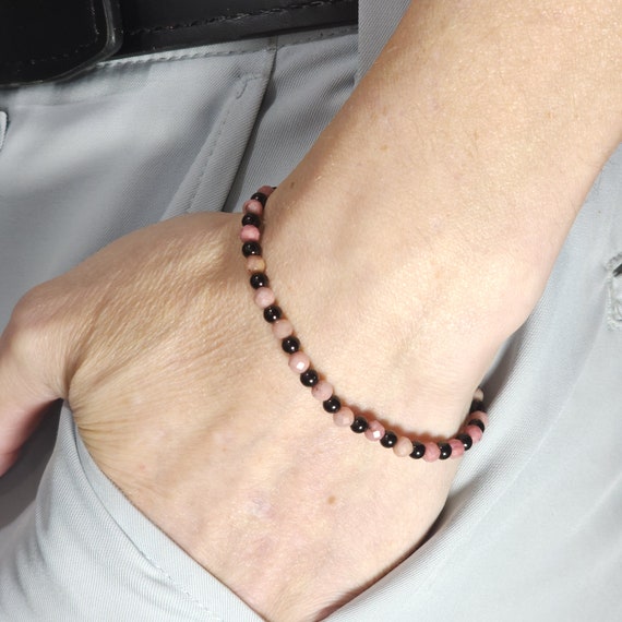 Rhodonite Beaded Minimalist Stretch Bracelet with Black Steel | 4mm Faceted Genuine Natural Gemstone | Handmade to Order