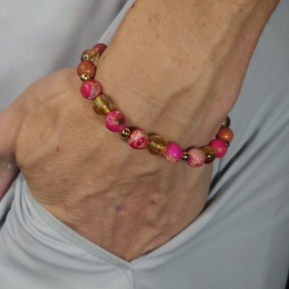 Pink Sea Sediment Jasper & Citrine Minimalist Stretch Bracelet with 24k Gold | 8mm Genuine Natural Gemstone | Handmade to Order