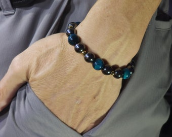 Hematite & Blue Tiger's Eye Stretch Bracelet with 24k Gold | 10 mm Genuine Natural Gemstone | Handmade to Order