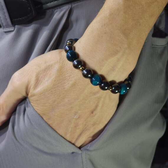 Hematite & Blue Tiger's Eye Stretch Bracelet with 24k Gold | 10 mm Genuine Natural Gemstone | Handmade to Order