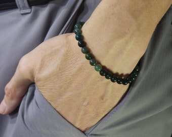 Moss Agate Beaded Semi-Minimalist Stretch Bracelet | 6mm Genuine Natural Gemstone | Handmade to Order
