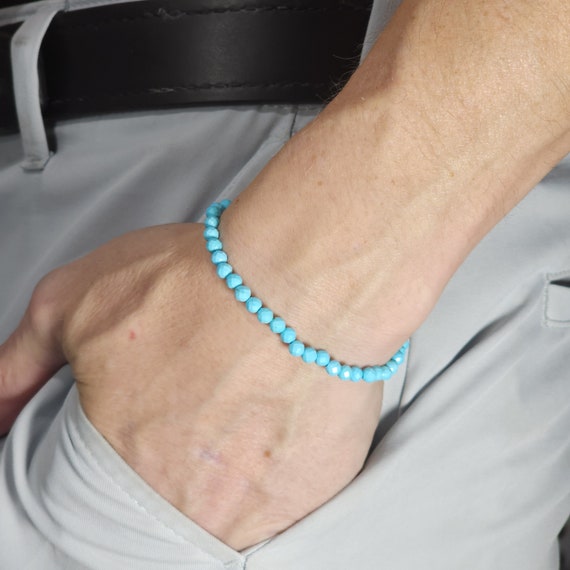 Mongolian Turquoise Beaded Minimalist Stretch Bracelet | 4mm Faceted Genuine Natural Gemstone | Handmade to Order