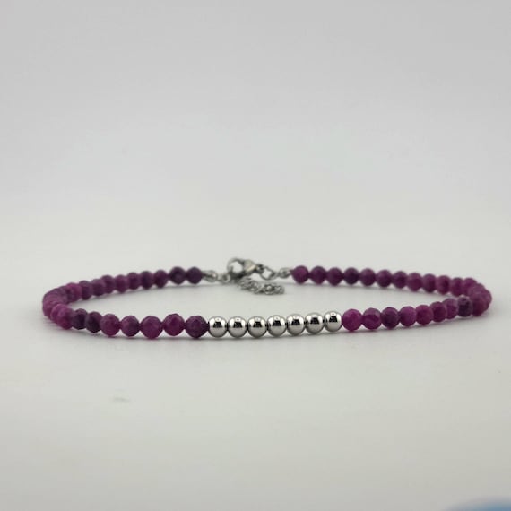 Ruby Beaded Minimalist Anklet with Silver | Adjustable | 4mm Genuine Natural Gemstone | Handmade to Order | Hypoallergenic Optional