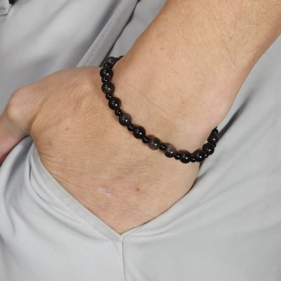 Silver Obsidian Beaded Semi-Minimalist Stretch Bracelet with Black Steel | 6mm Genuine Natural Gemstone | Handmade to Order