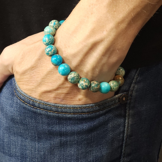 Blue or Green Sea Sediment Jasper Stretch Bracelet | 10mm Healing Crystals | Handmade to Order