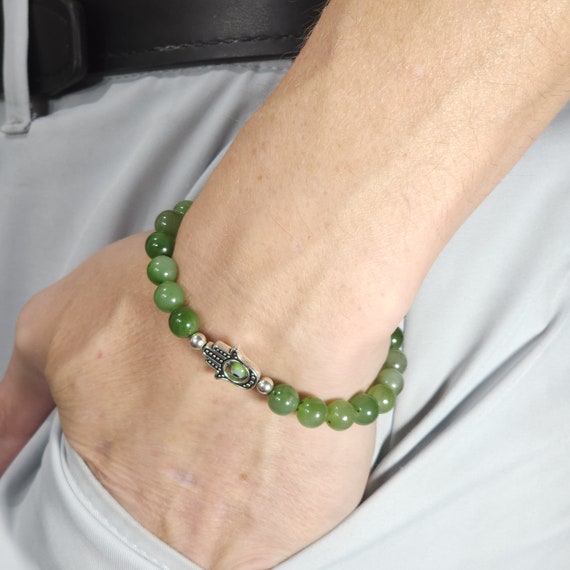 Canadian Jade Evil Eye Stretch Bracelet | 8mm Genuine Natural Gemstone | Handmade to Order