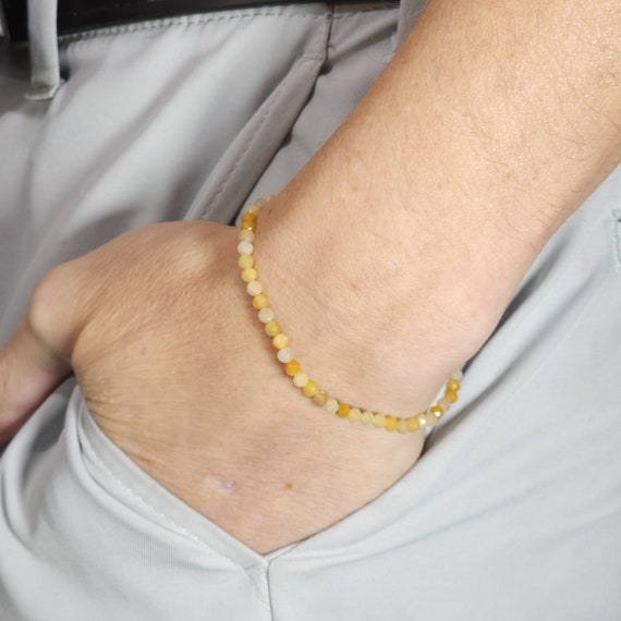 Yellow Jade Beaded Minimalist Stretch Bracelet | 3mm Faceted Genuine Natural Gemstone | Handmade to Order