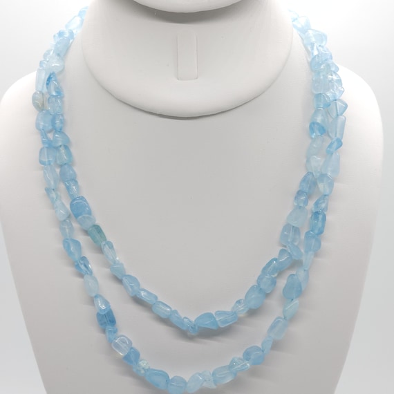 Aquamarine Beaded Double Strand Choker/Necklace | Handmade | 16" Genuine Natural Gemstone