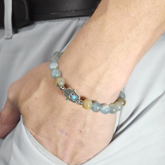 Aquatine Lemurian Calcite Evil Eye Stretch Bracelet | 8mm Genuine Natural Gemstone | Handmade to Order
