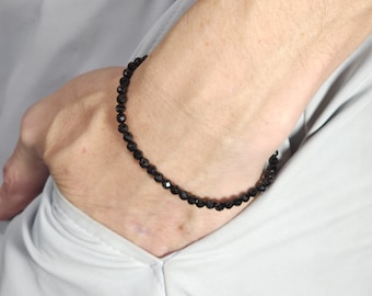 Black Spinel Beaded Minimalist Stretch Bracelet | 4mm Faceted Genuine Natural Gemstone | Handmade to Order