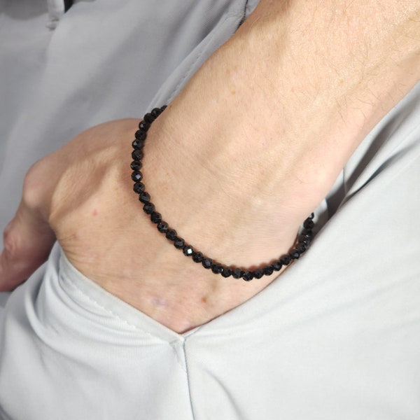 Black Spinel Beaded Minimalist Stretch Bracelet | 4mm Faceted Genuine Natural Gemstone | Handmade to Order