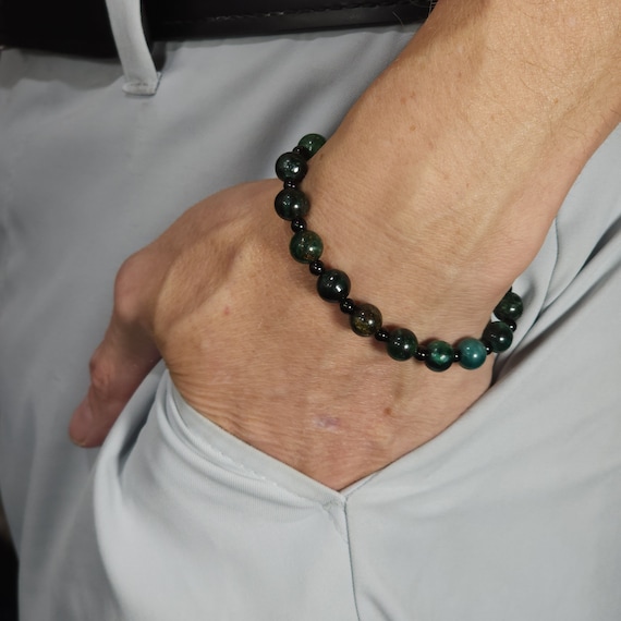 Emerald Stretch Bracelet with Black Stainless Steel | 8mm Genuine Natural Gemstone | Handmade to Order