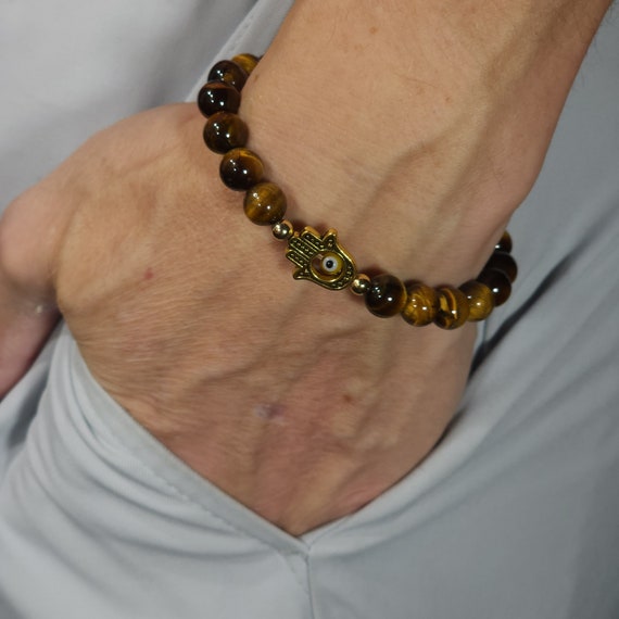 Golden Tiger's Eye Evil Eye Stretch Bracelet | 8 mm Genuine Natural Gemstone | Handmade to Order