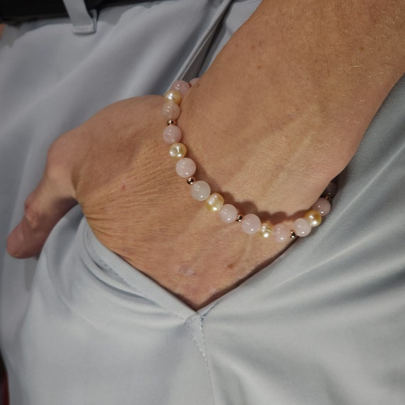 Pink Opal & Pink Pearl Beaded Semi-Minimalist Stretch Bracelet with Rose Gold | 6mm Genuine Natural Gemstone | Handmade to Order
